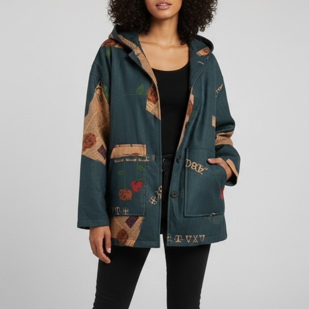 Unique Graphic Print Hooded Jacket Blue Rose Newspaper Alphabet Button Front‎ M